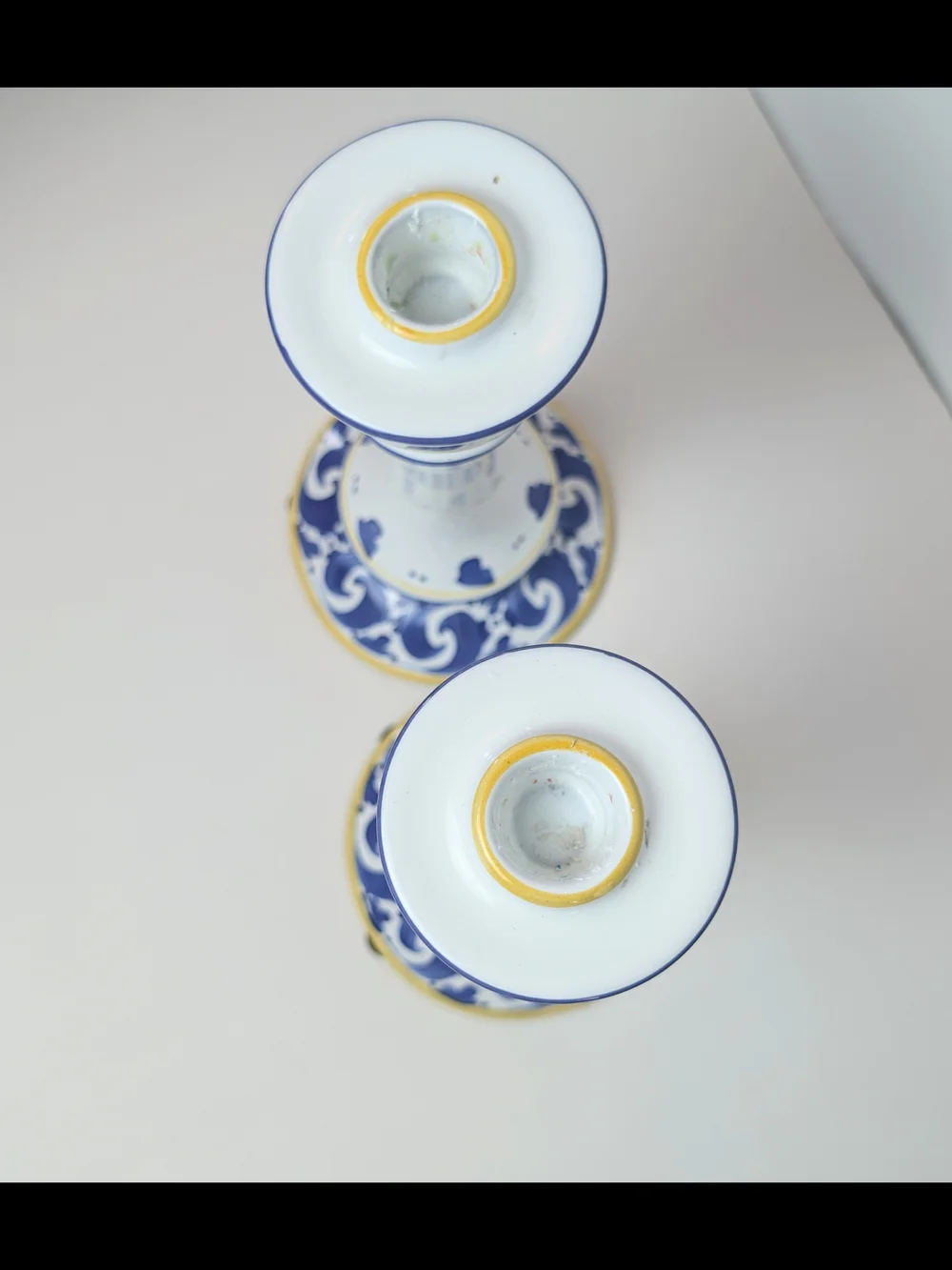 Herend‎ White Ceramic Candle Holders with Blue and Yellow Accents - Pair